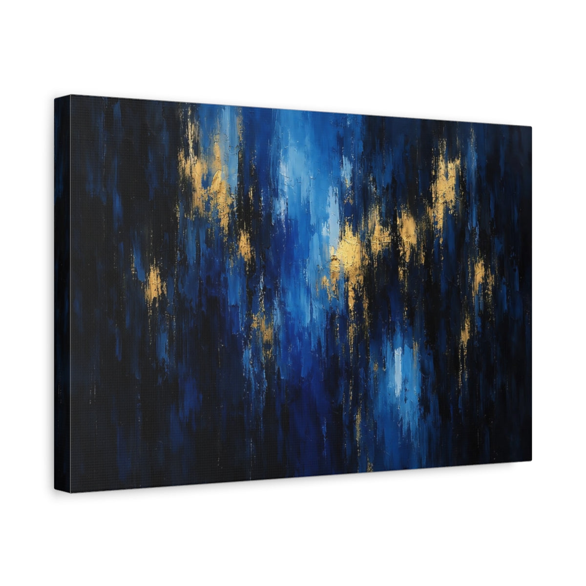 Side Mockup 4. Abstract Abstract Strokes Blue And Gold shown as stretched canvas wall art