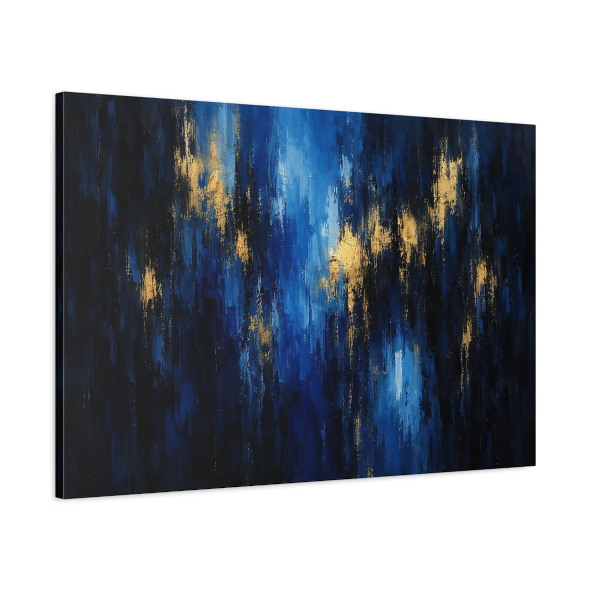 Side Mockup 1. Abstract Abstract Strokes Blue And Gold shown as stretched canvas wall art