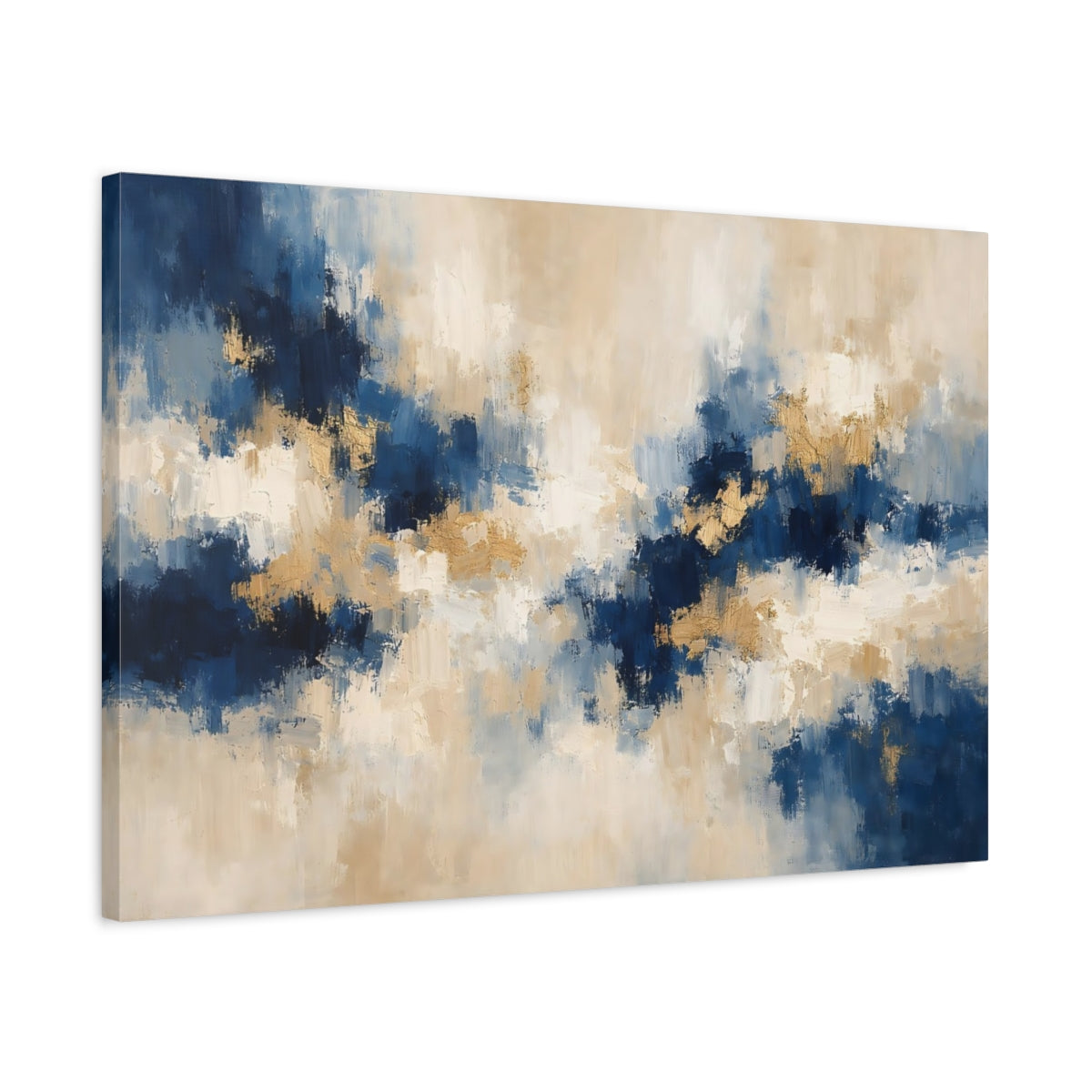 Side Mockup 2. Abstract Abstract Strokes Blue Gold Abstract shown as stretched canvas wall art