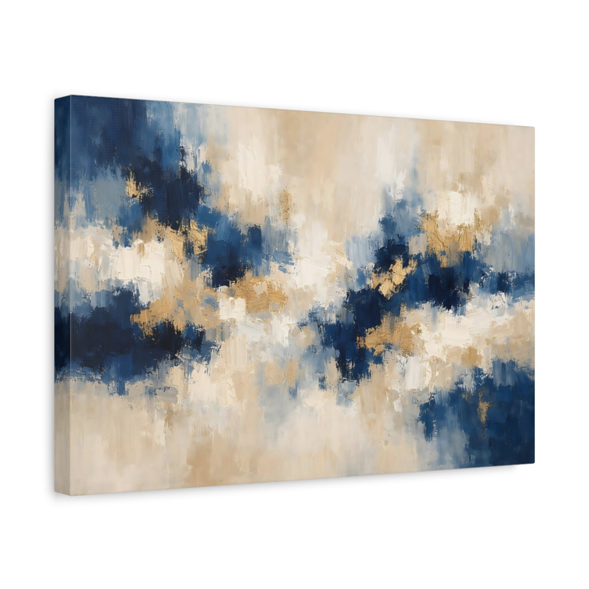 Side Mockup 4. Abstract Abstract Strokes Blue Gold Abstract shown as stretched canvas wall art