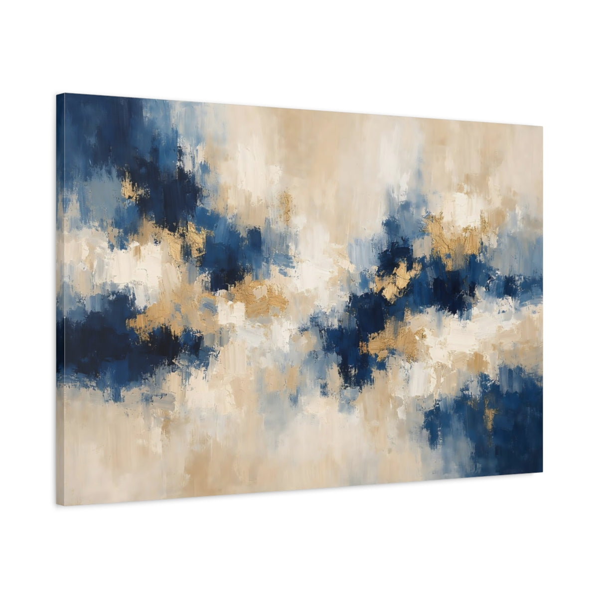 Side Mockup 1. Abstract Abstract Strokes Blue Gold Abstract shown as stretched canvas wall art