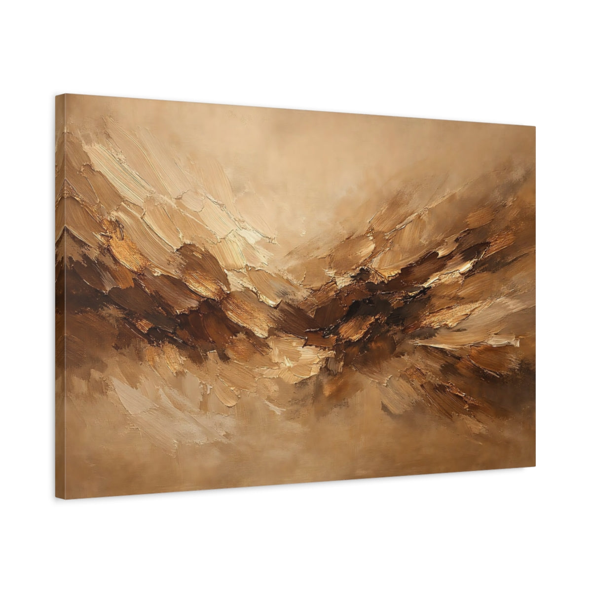 Side Mockup 2. Abstract Abstract Strokes Brown And Beige shown as stretched canvas wall art