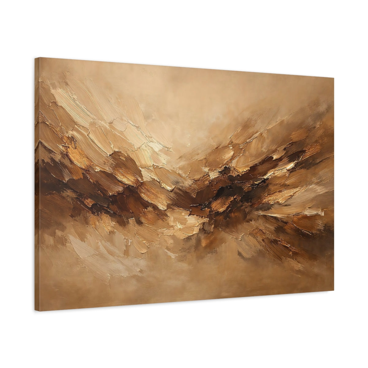 Side Mockup 1. Abstract Abstract Strokes Brown And Beige shown as stretched canvas wall art
