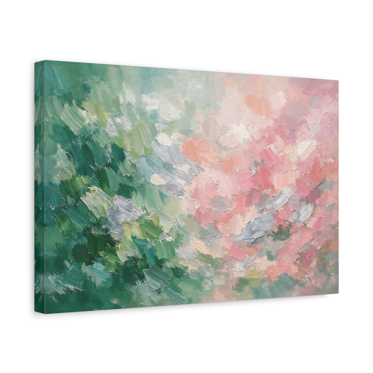 Side Mockup 4. Abstract Abstract Strokes Pastel Green Pink shown as stretched canvas wall art