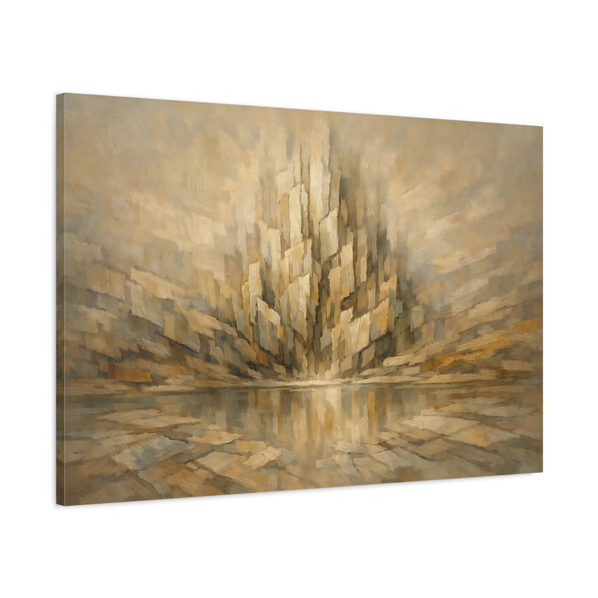 Side Mockup 1. Abstract Abstract Structure Gold And Brown shown as stretched canvas wall art