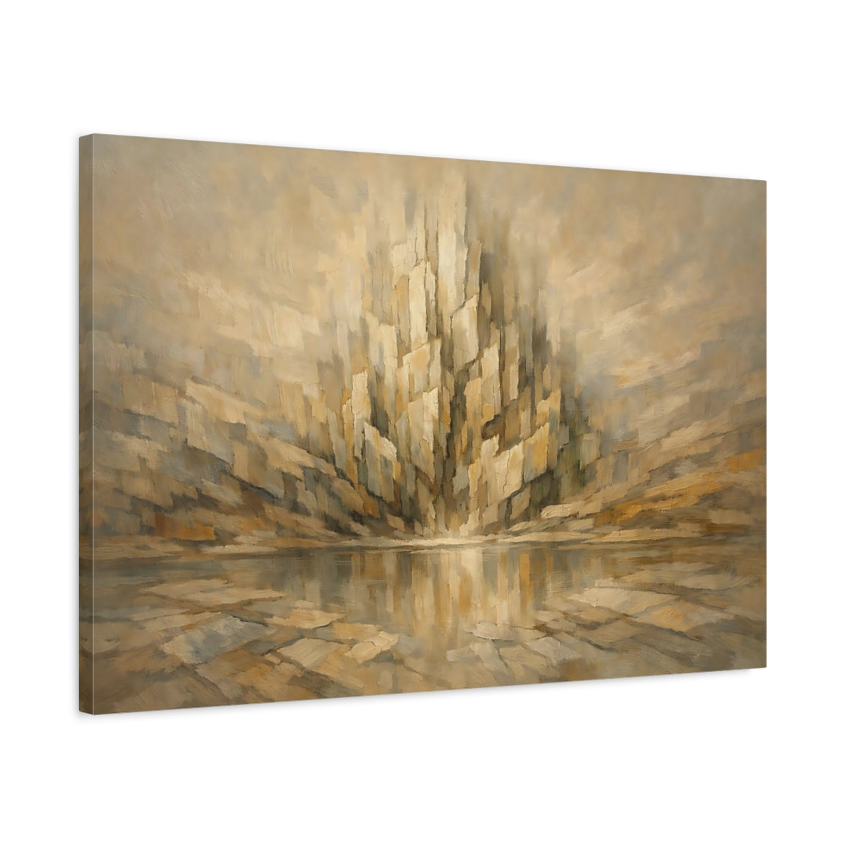 Side Mockup 2. Abstract Abstract Structure Gold And Brown shown as stretched canvas wall art