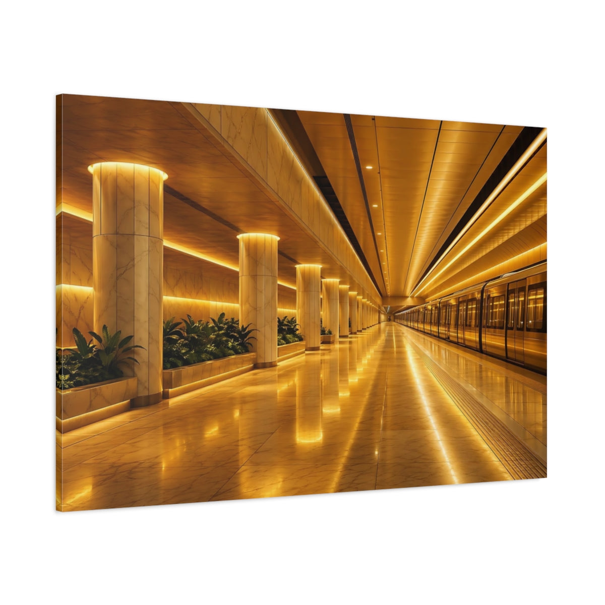 Side Mockup 1. Abstract Subway Station Golden Subway shown as stretched canvas wall art