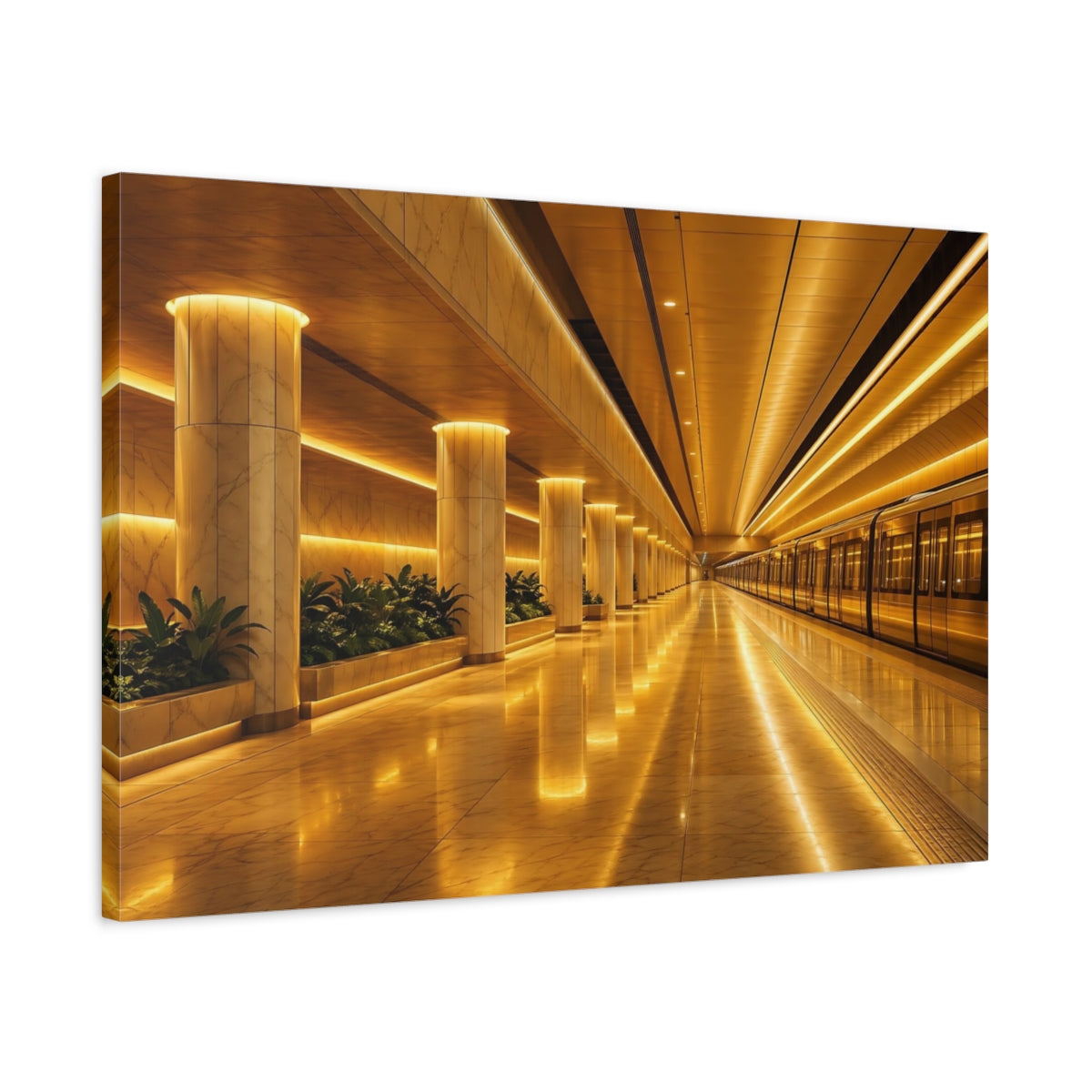 Side Mockup 2. Abstract Subway Station Golden Subway shown as stretched canvas wall art