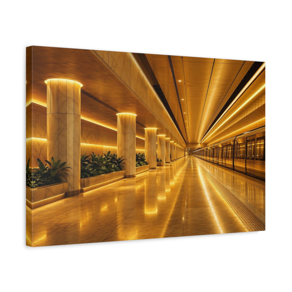 Side Mockup 3. Abstract Subway Station Golden Subway shown as stretched canvas wall art