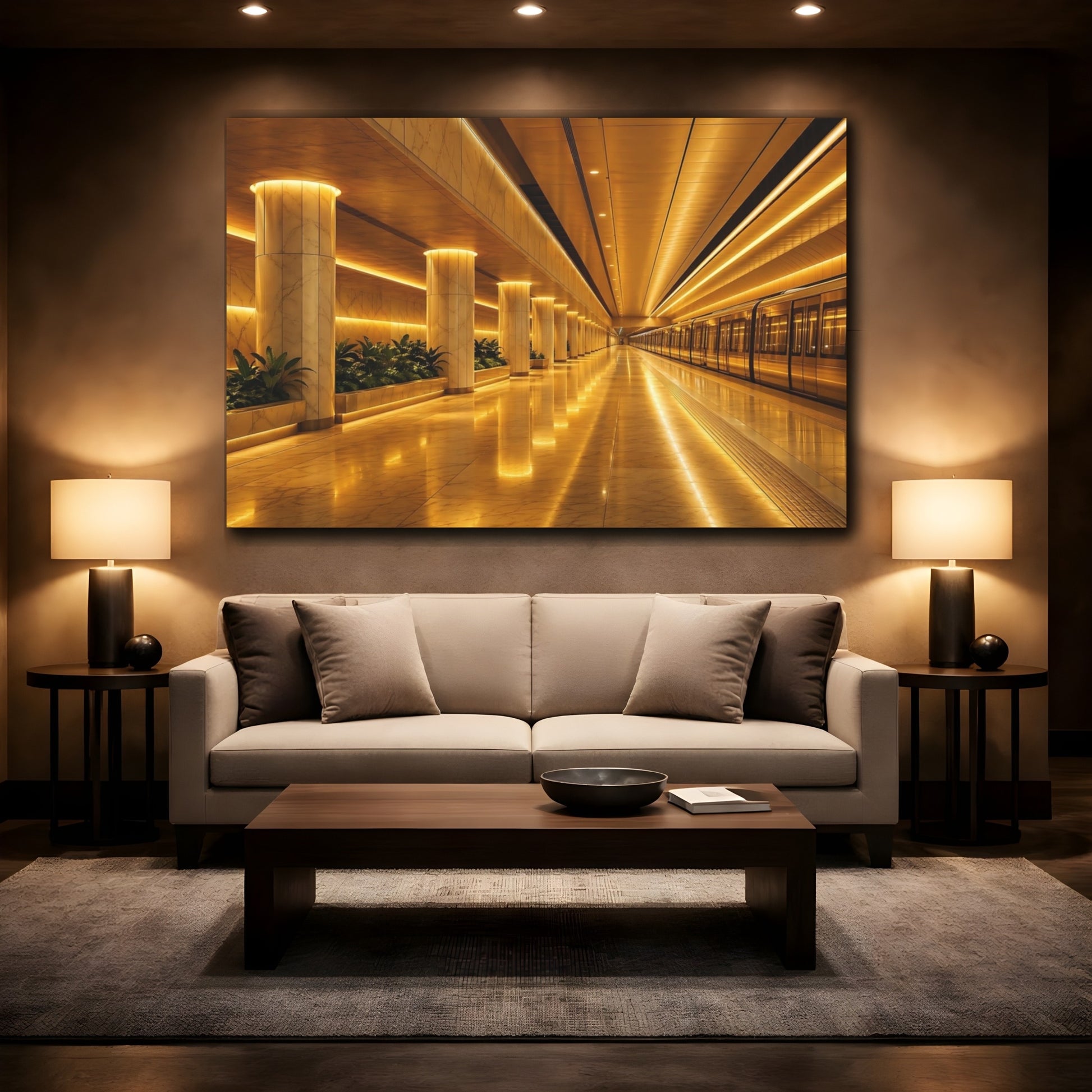 Mockup 2. Abstract Subway Station Golden Subway shown as stretched canvas wall art