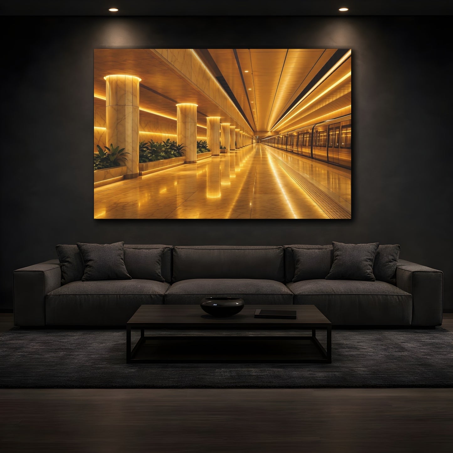 Mockup 3. Abstract Subway Station Golden Subway shown as stretched canvas wall art