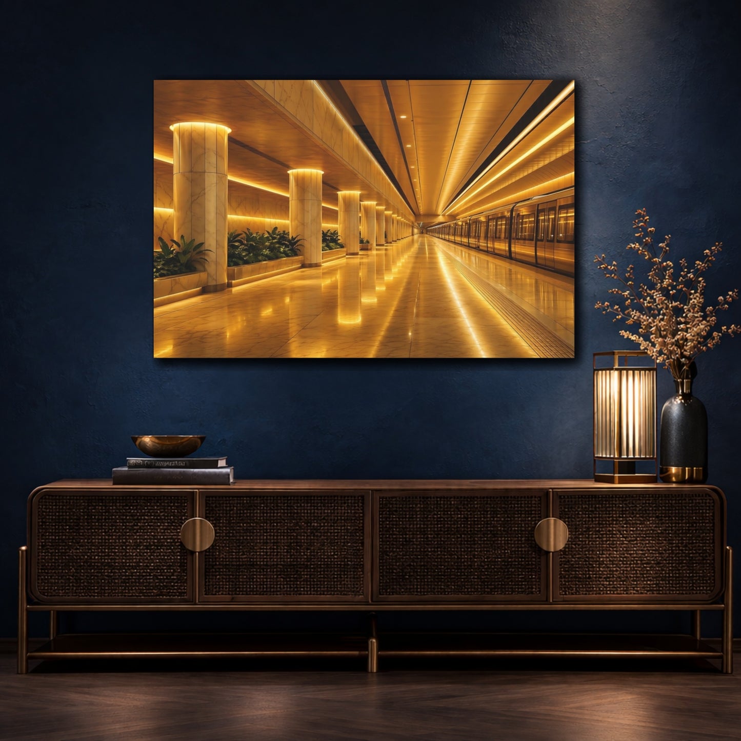 Mockup 4. Abstract Subway Station Golden Subway shown as stretched canvas wall art