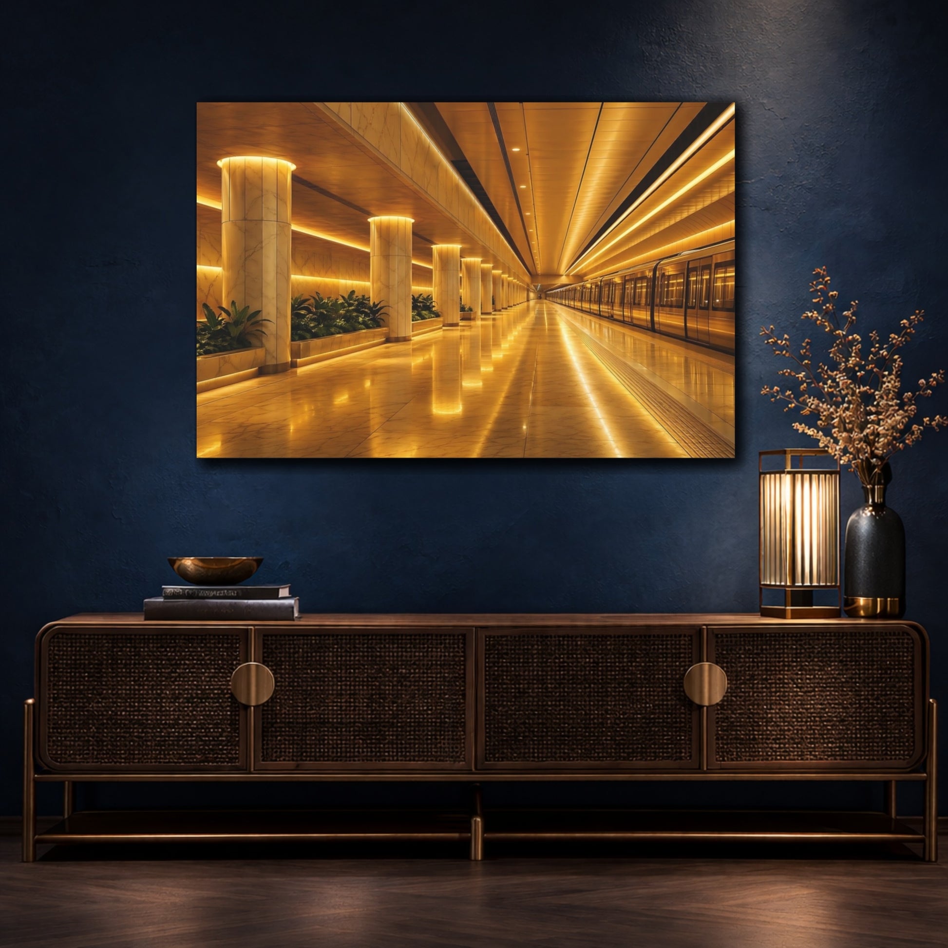 Mockup 4. Abstract Subway Station Golden Subway shown as stretched canvas wall art