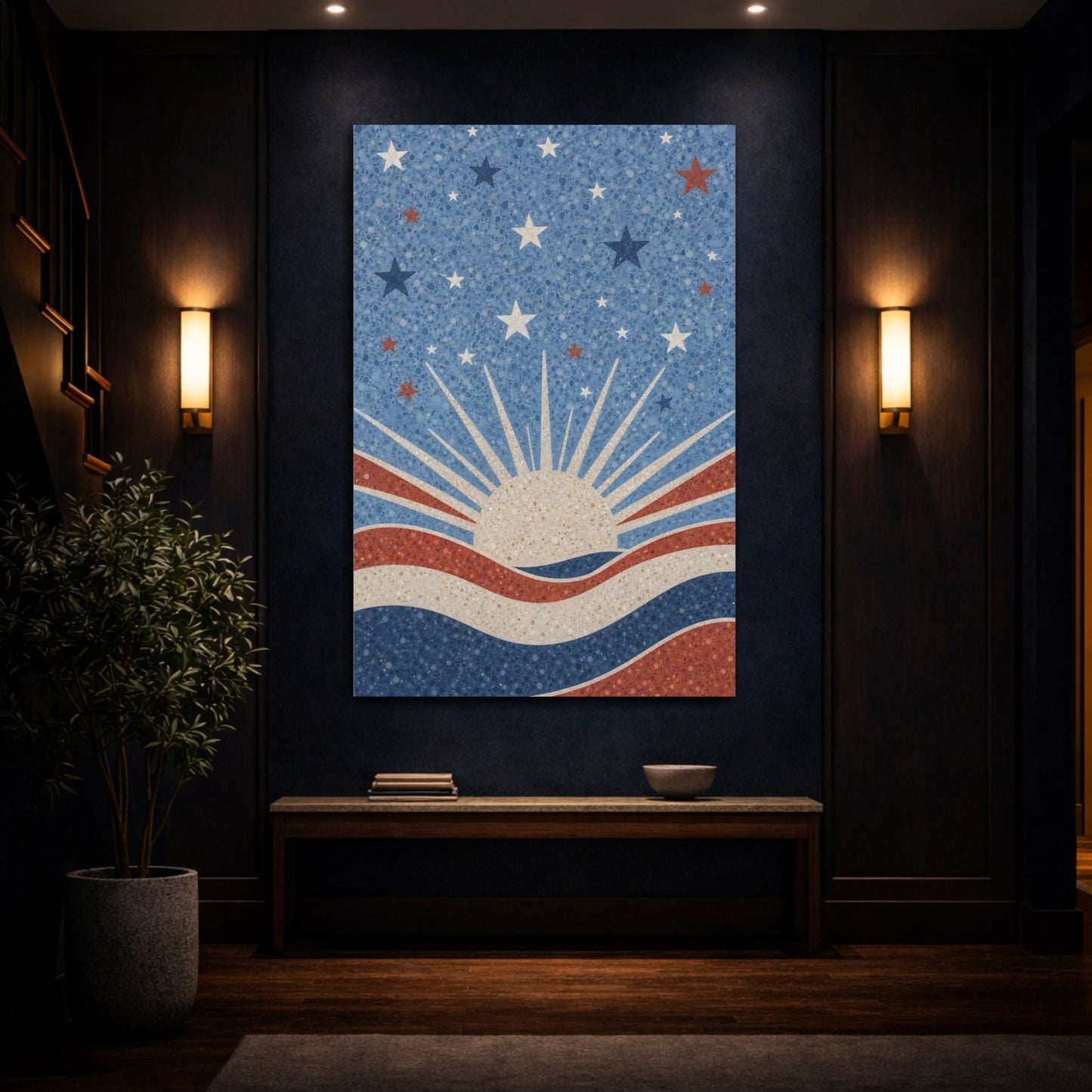 Abstract Sun And Stars Red White Canvas Print – Living Room, Above Console Table - YesArtYes