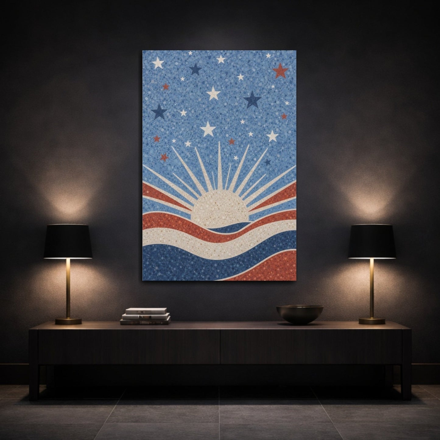 Abstract Sun And Stars Red White Canvas Print – Living Room, Above Console Table - YesArtYes