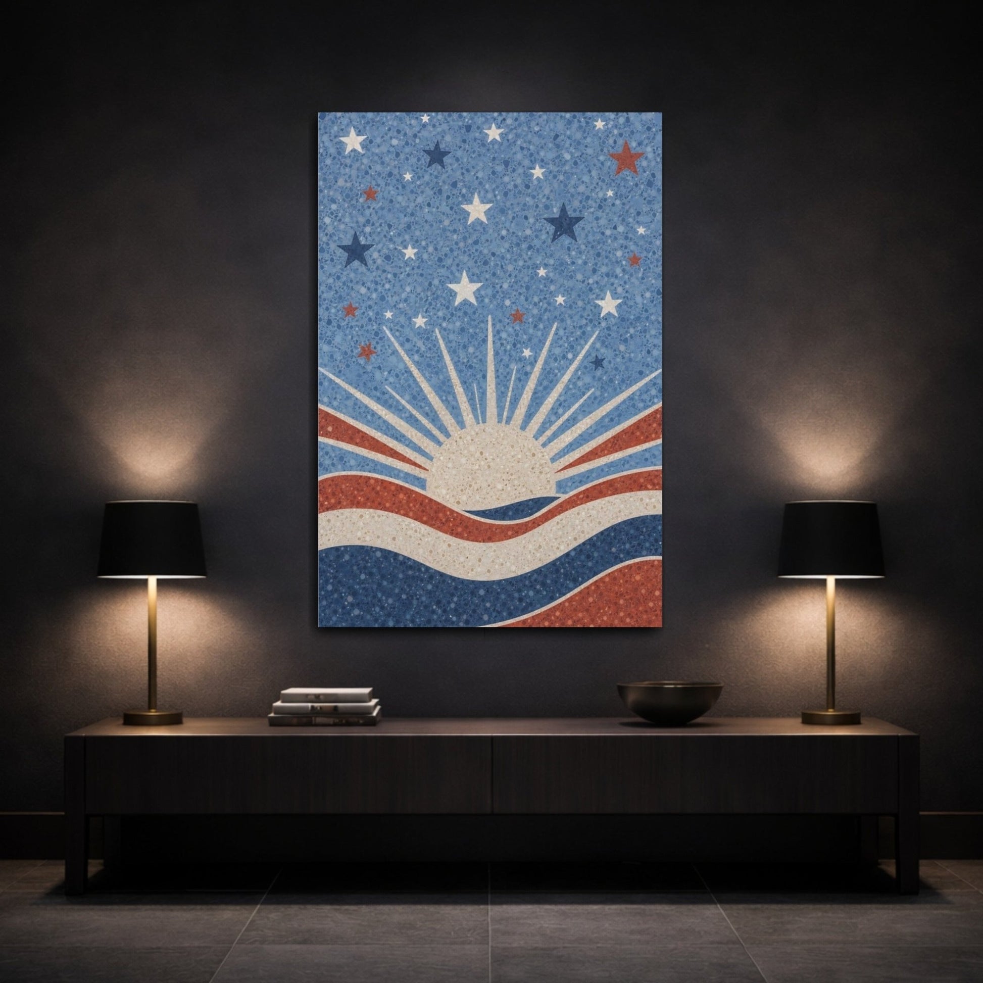 Abstract Sun And Stars Red White Canvas Print – Living Room, Above Console Table - YesArtYes