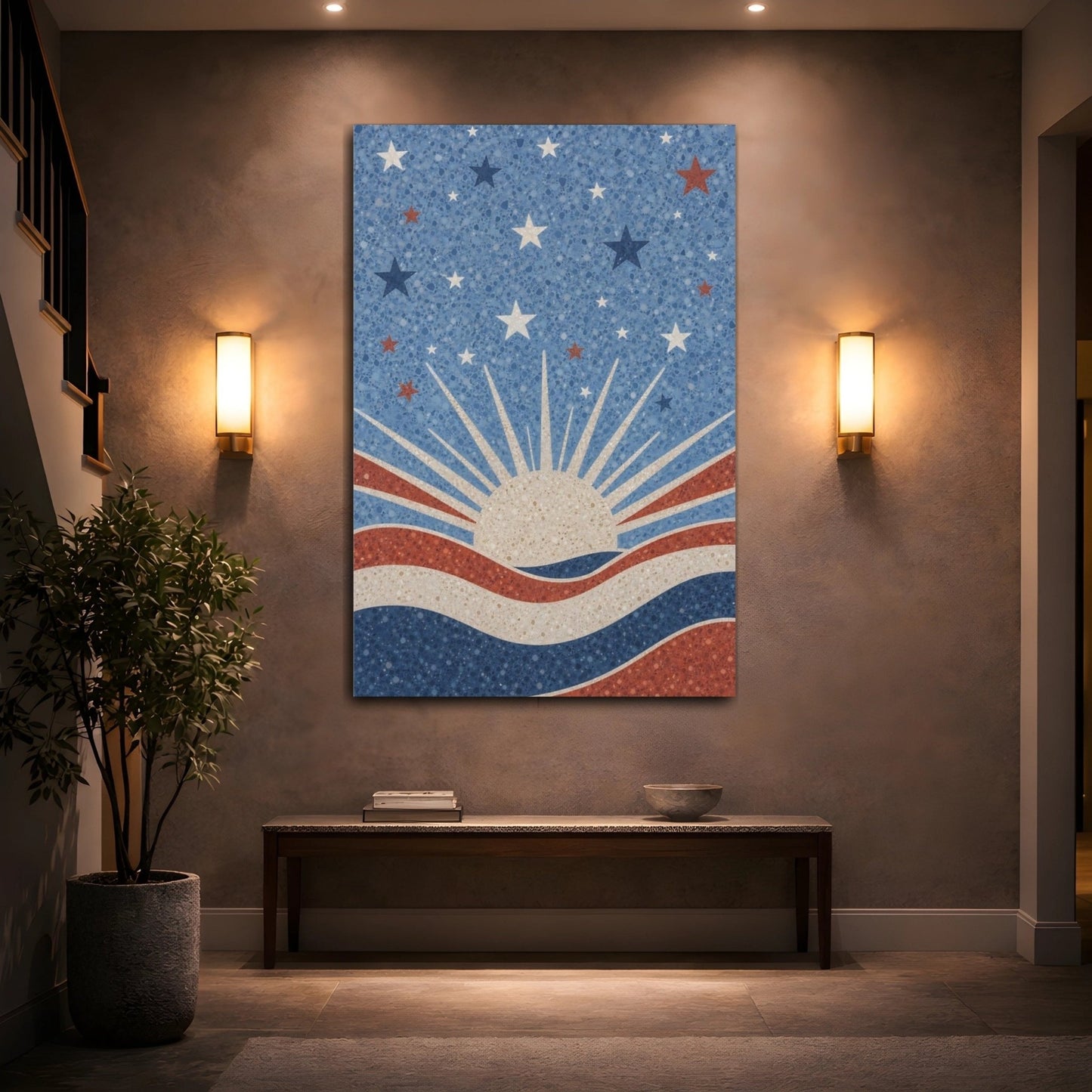Abstract Sun And Stars Red White Canvas Print – Living Room, Above Console Table - YesArtYes