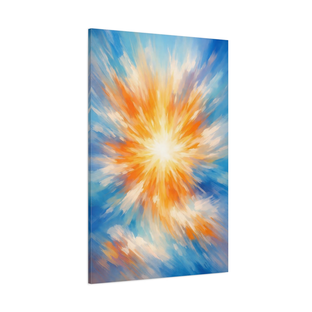 Main Mockup. Abstract Sunburst Blue Orange Abstract shown as stretched canvas wall art