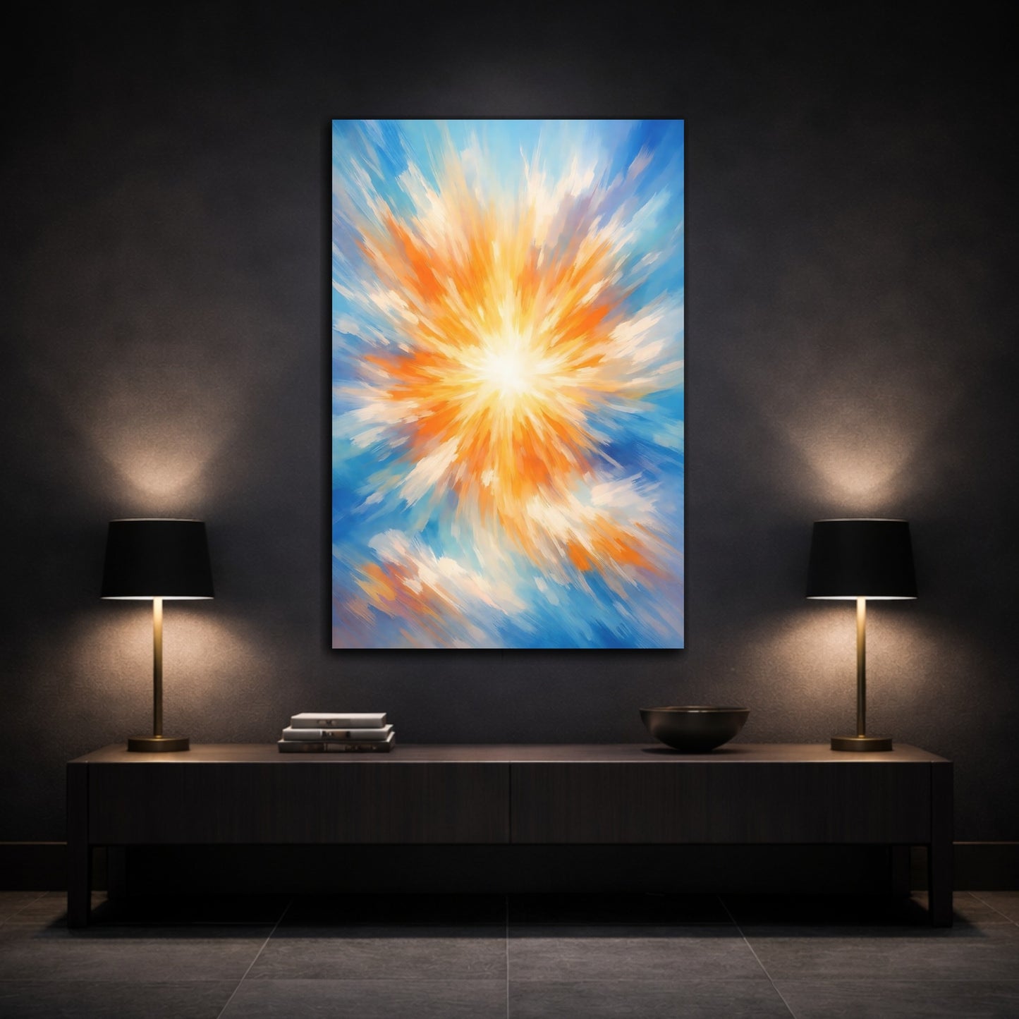 Mockup 2. Abstract Sunburst Blue Orange Abstract shown as stretched canvas wall art