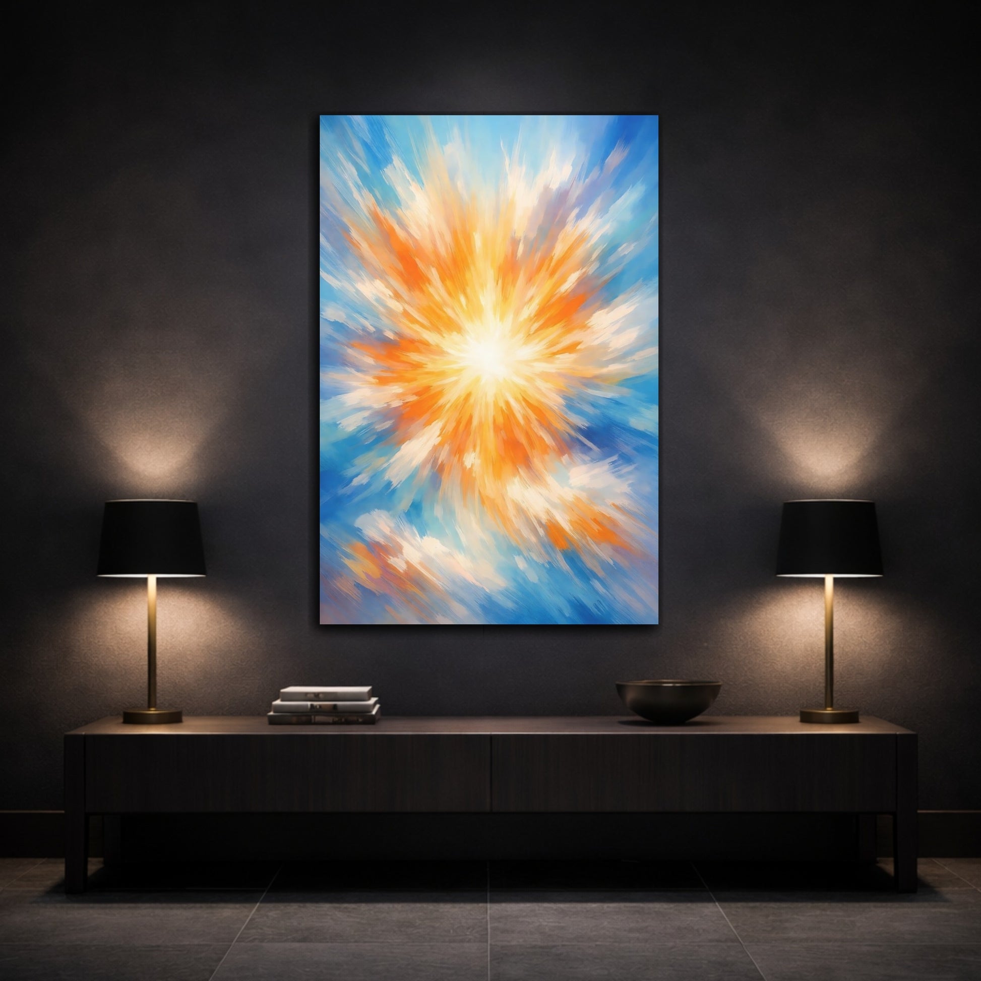 Mockup 2. Abstract Sunburst Blue Orange Abstract shown as stretched canvas wall art