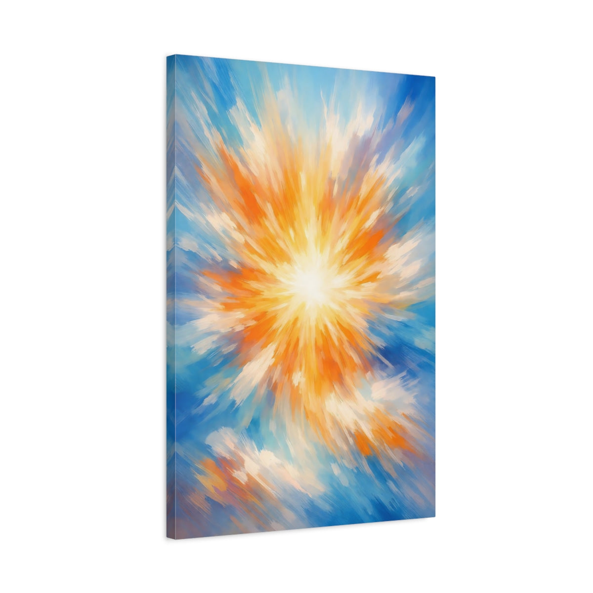 Side Mockup 2. Abstract Sunburst Blue Orange Abstract shown as stretched canvas wall art
