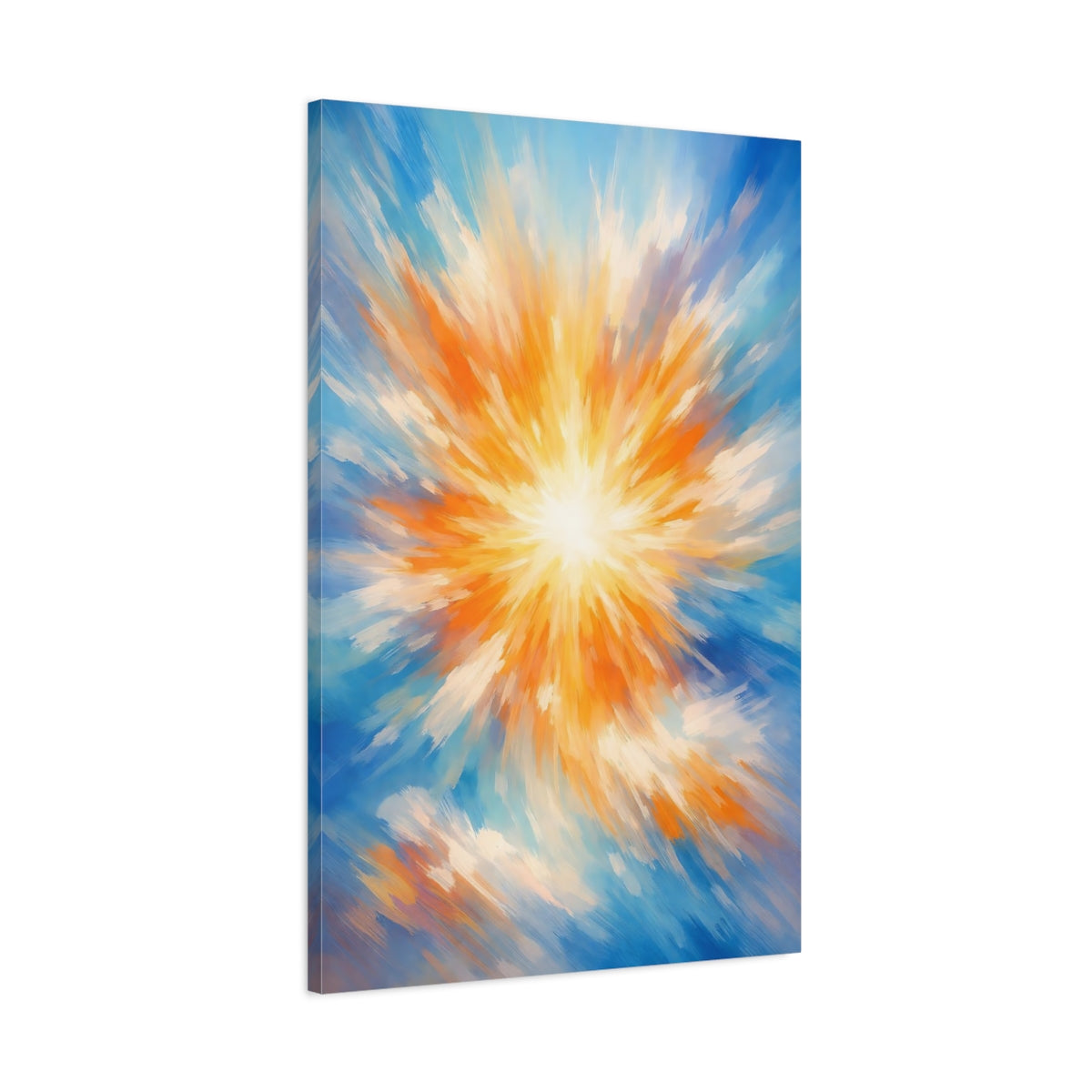 Side Mockup 1. Abstract Sunburst Blue Orange Abstract shown as stretched canvas wall art