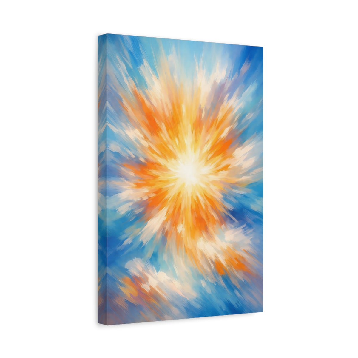 Side Mockup 4. Abstract Sunburst Blue Orange Abstract shown as stretched canvas wall art