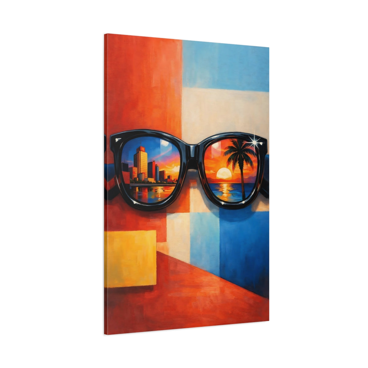 Main Mockup. Abstract Sunglasses Colorful Reflections shown as stretched canvas wall art