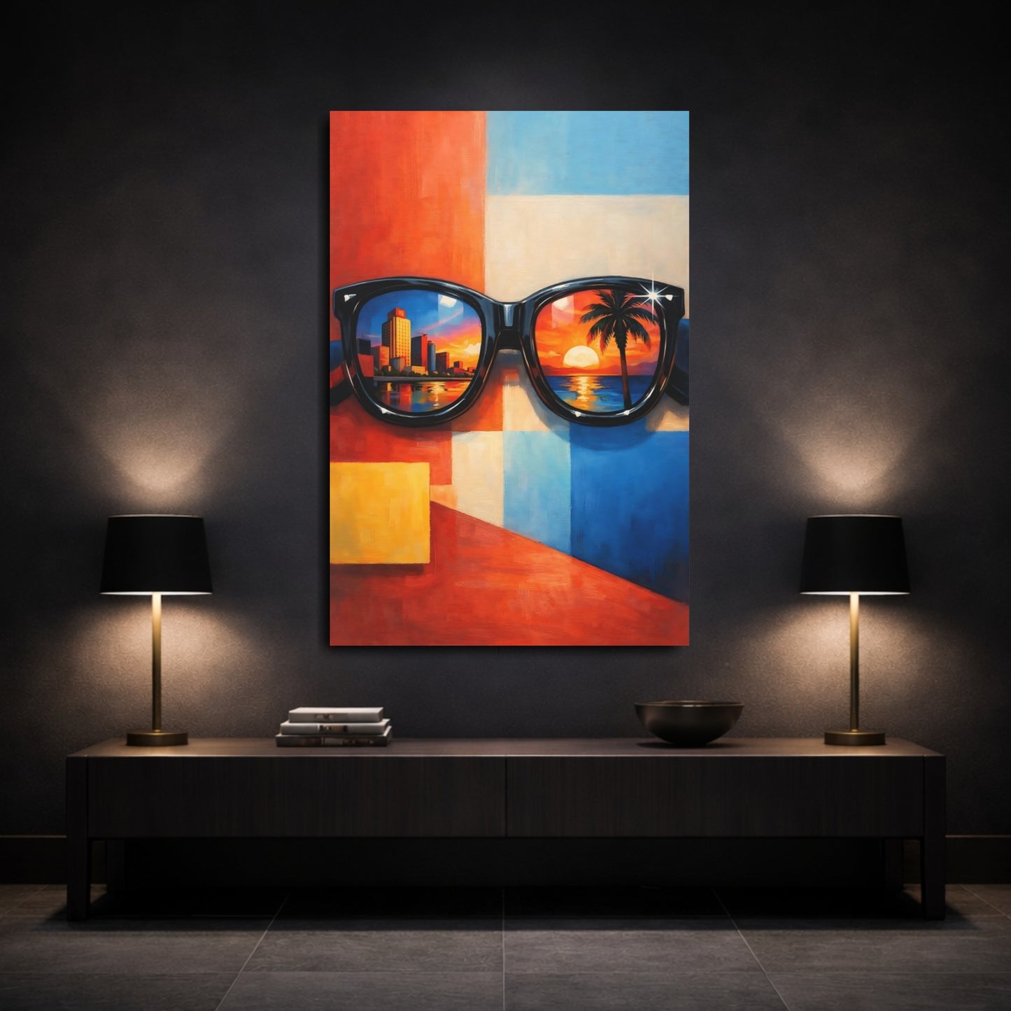Mockup 2. Abstract Sunglasses Colorful Reflections shown as stretched canvas wall art