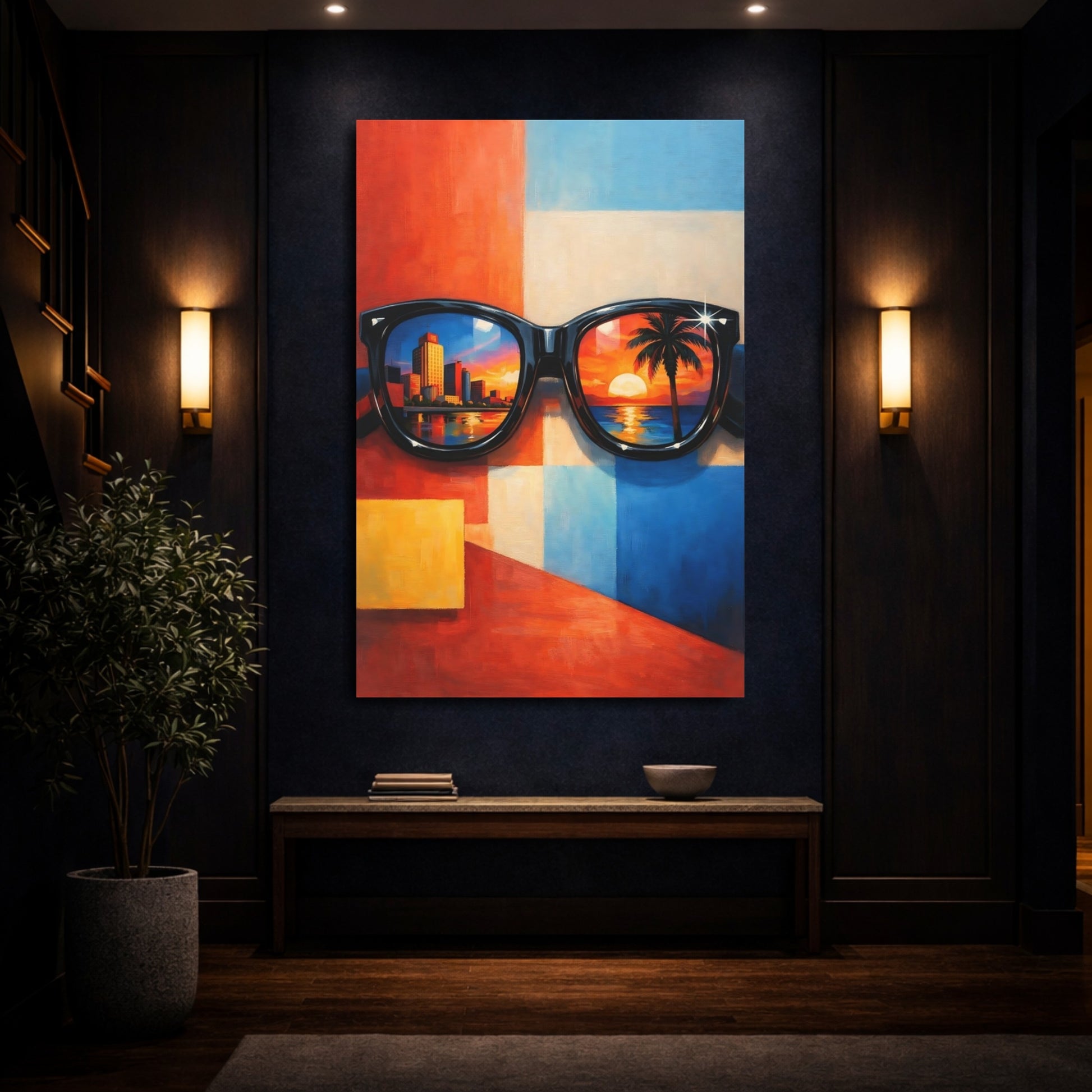 Mockup 3. Abstract Sunglasses Colorful Reflections shown as stretched canvas wall art