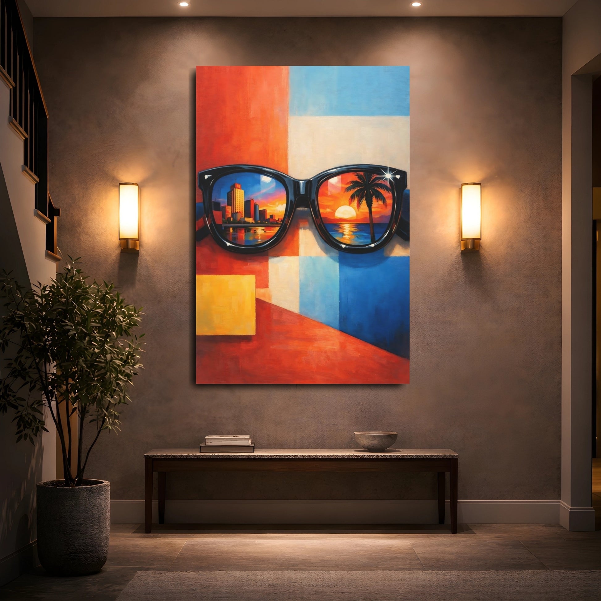 Mockup 4. Abstract Sunglasses Colorful Reflections shown as stretched canvas wall art