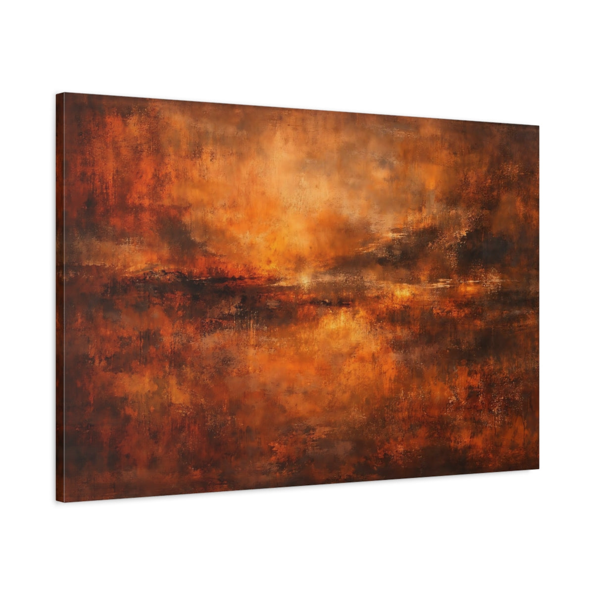 Side Mockup 1. Abstract Abstract Sunset Orange Brown Abstract shown as stretched canvas wall art