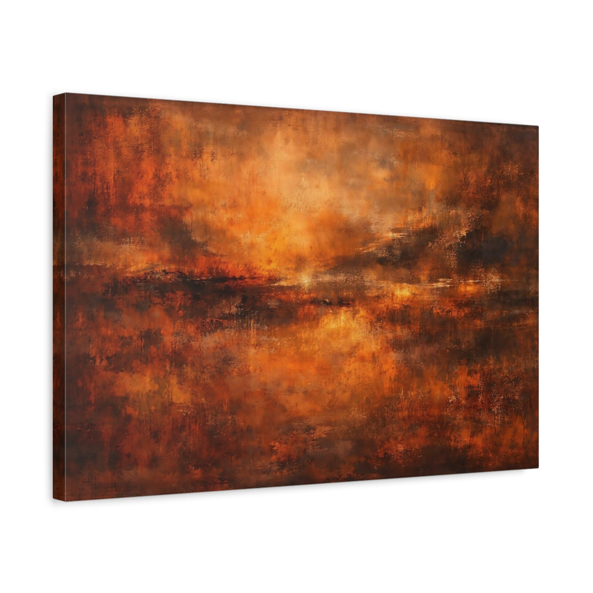 Side Mockup 3. Abstract Abstract Sunset Orange Brown Abstract shown as stretched canvas wall art