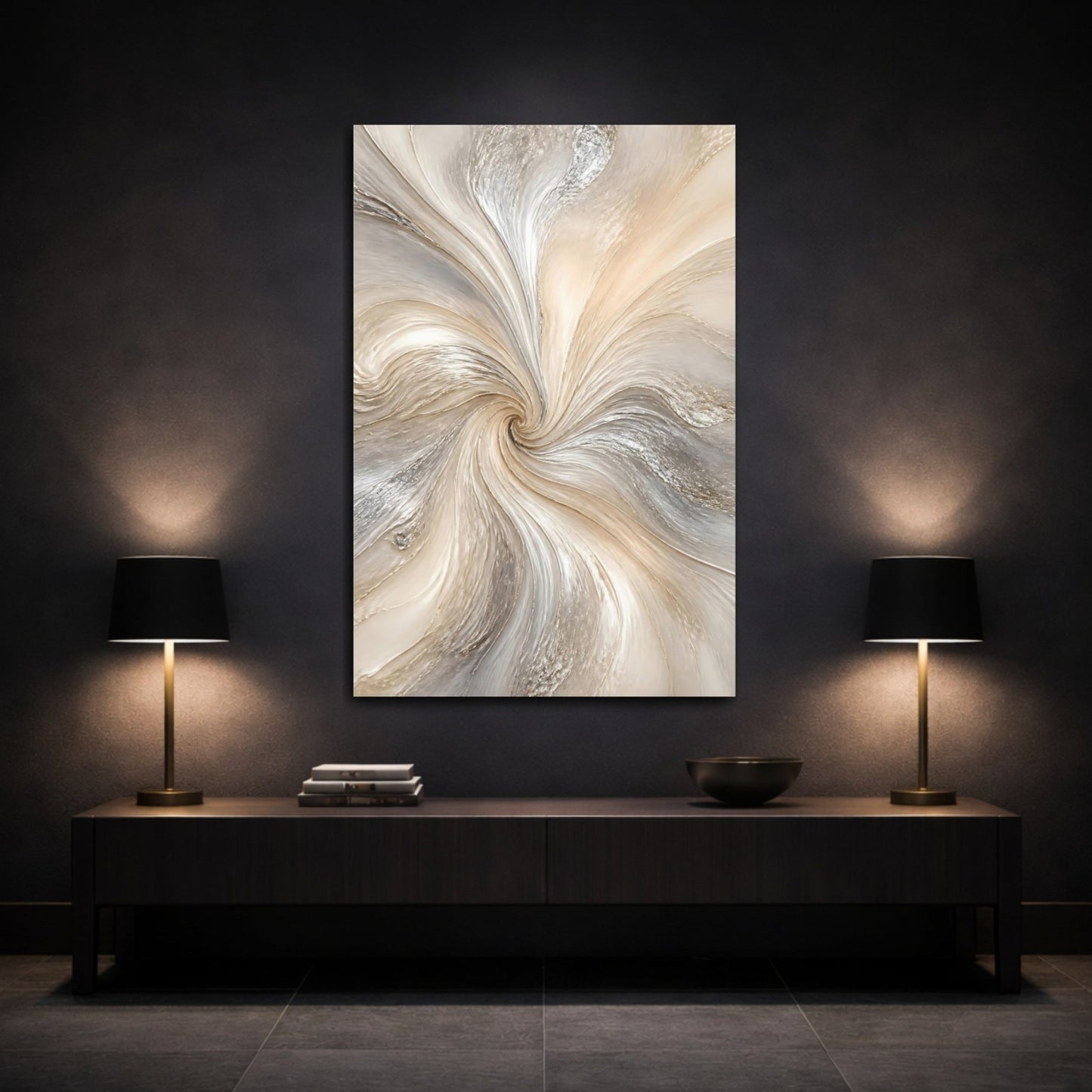 Abstract Swirl Beige Silver Canvas Print – Living Room, Large Wall - YesArtYes