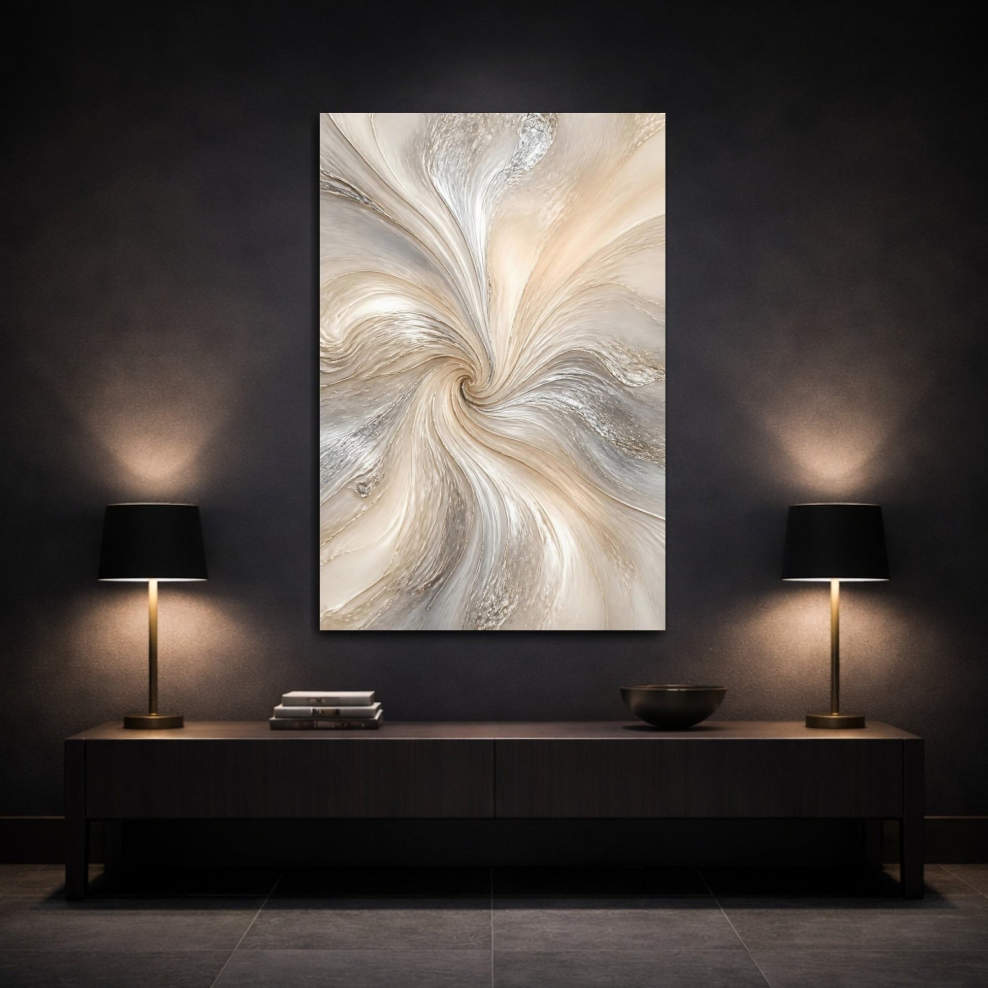 Abstract Swirl Beige Silver Canvas Print – Living Room, Large Wall - YesArtYes