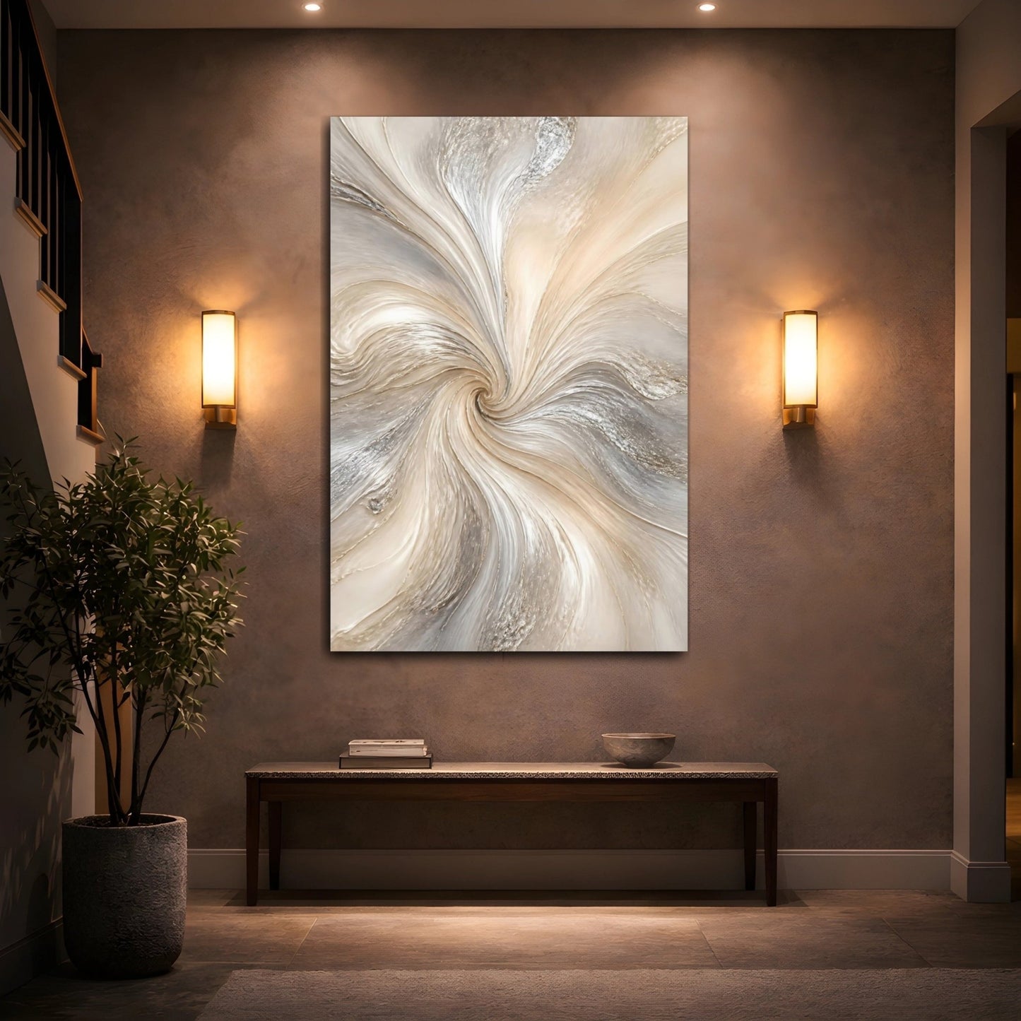 Abstract Swirl Beige Silver Canvas Print – Living Room, Large Wall - YesArtYes