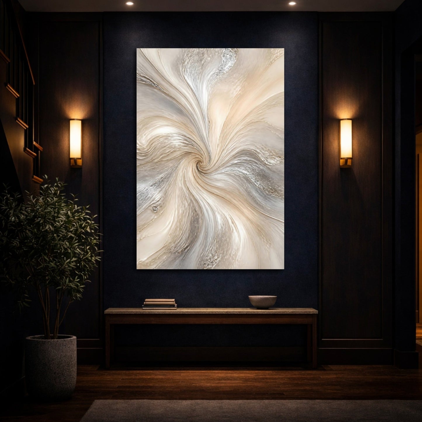 Abstract Swirl Beige Silver Canvas Print – Living Room, Large Wall - YesArtYes