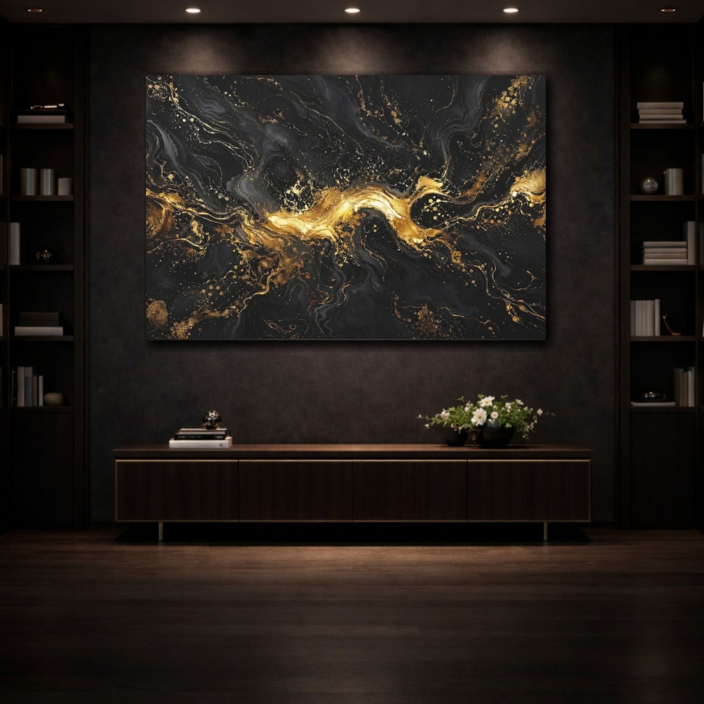 Abstract Swirl Black And Gold Canvas Print – Living Room, Above Fireplace, - YesArtYes