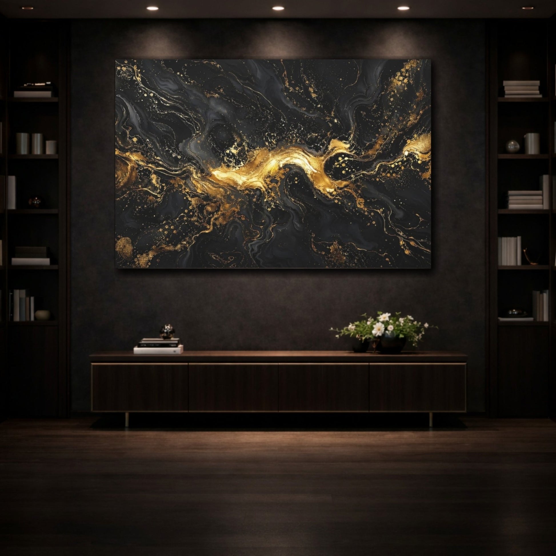 Abstract Swirl Black And Gold Canvas Print – Living Room, Above Fireplace, - YesArtYes