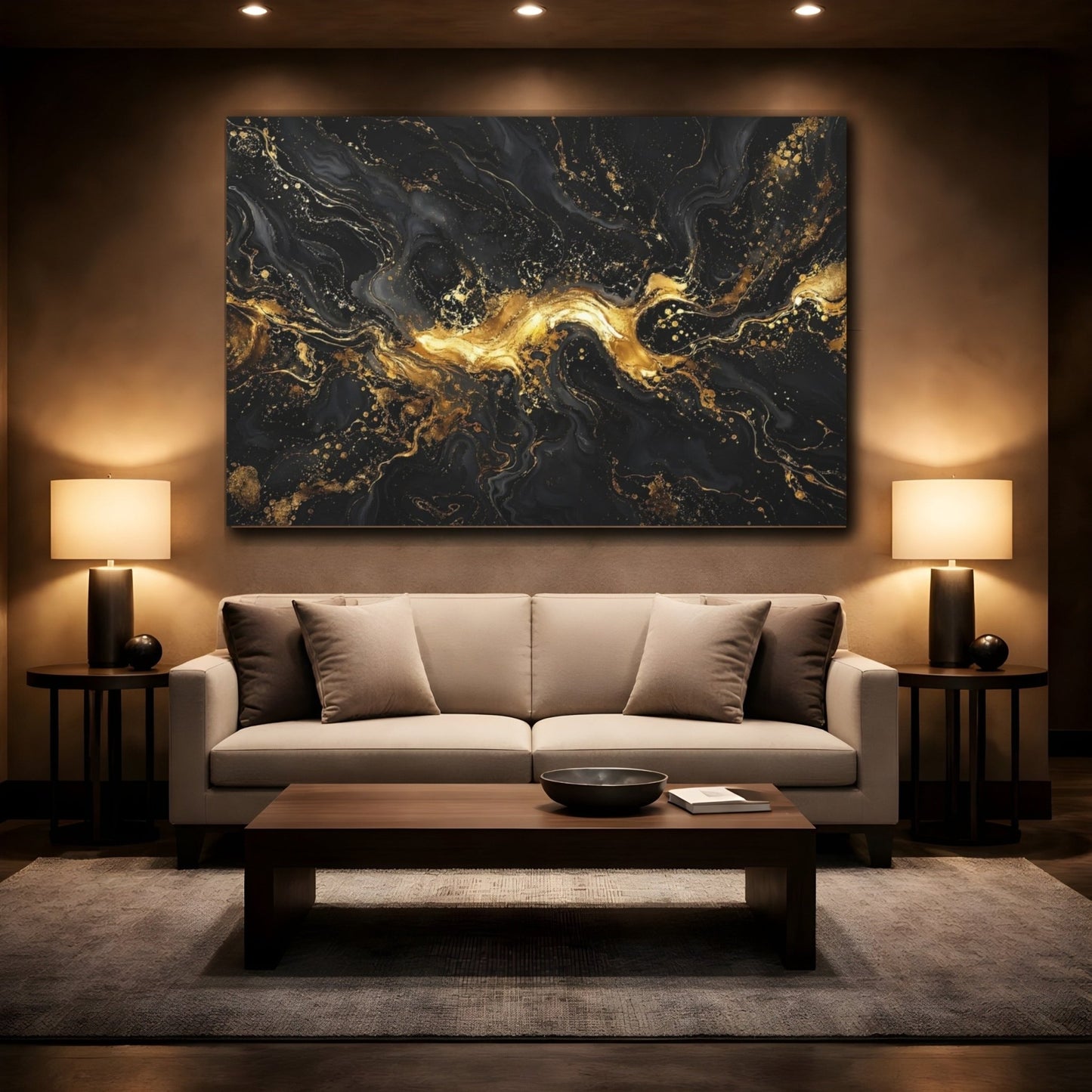 Abstract Swirl Black And Gold Canvas Print – Living Room, Above Fireplace, - YesArtYes