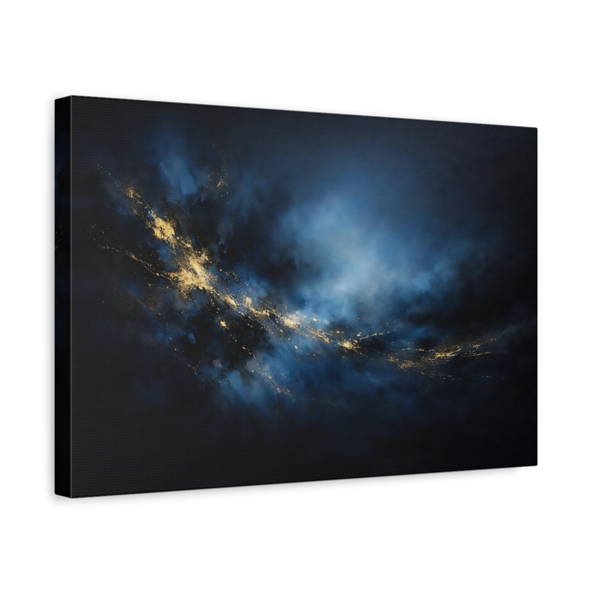Side Mockup 4. Abstract Abstract Swirl Blue And Gold Abstract shown as stretched canvas wall art