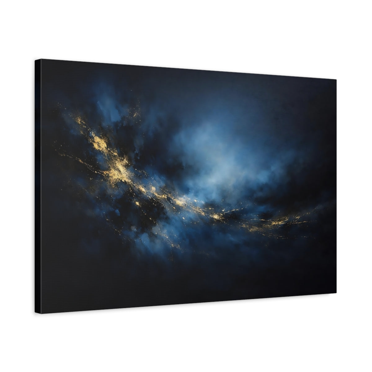 Side Mockup 2. Abstract Abstract Swirl Blue And Gold Abstract shown as stretched canvas wall art