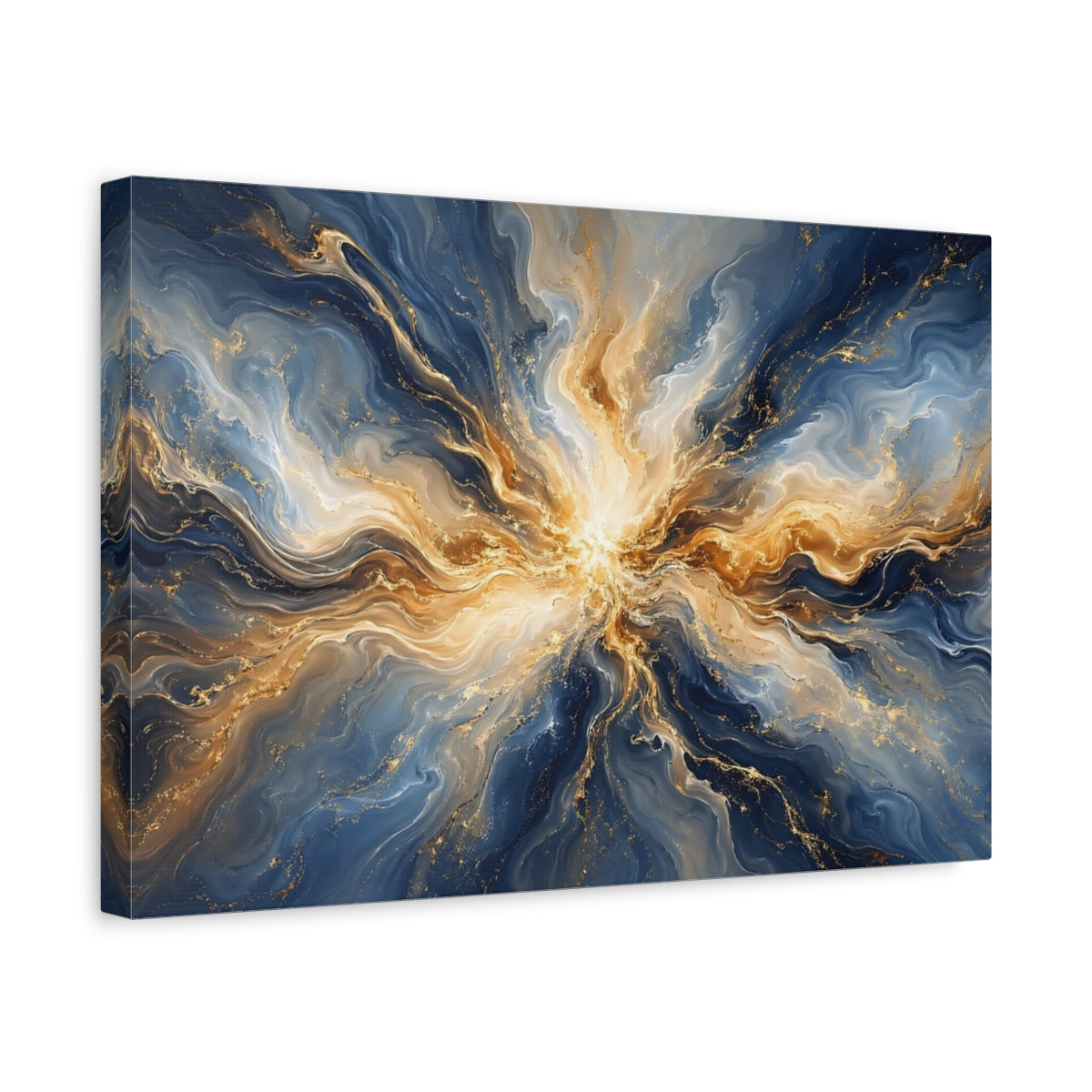 Side Mockup 4. Abstract Abstract Swirl Blue Gold Abstract shown as stretched canvas wall art