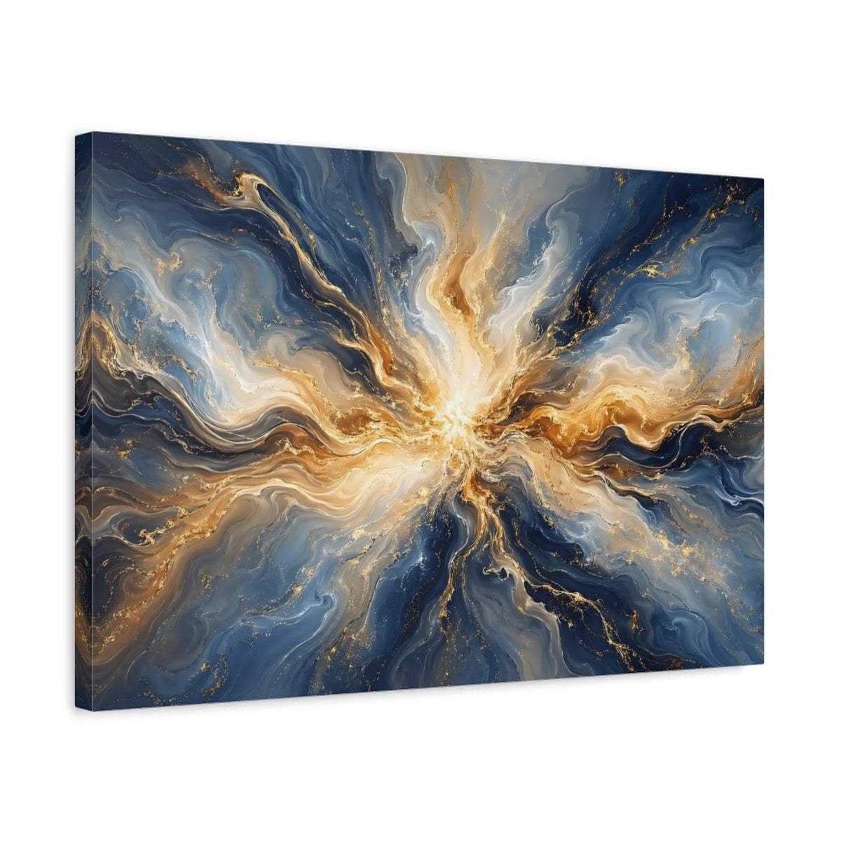 Side Mockup 3. Abstract Abstract Swirl Blue Gold Abstract shown as stretched canvas wall art