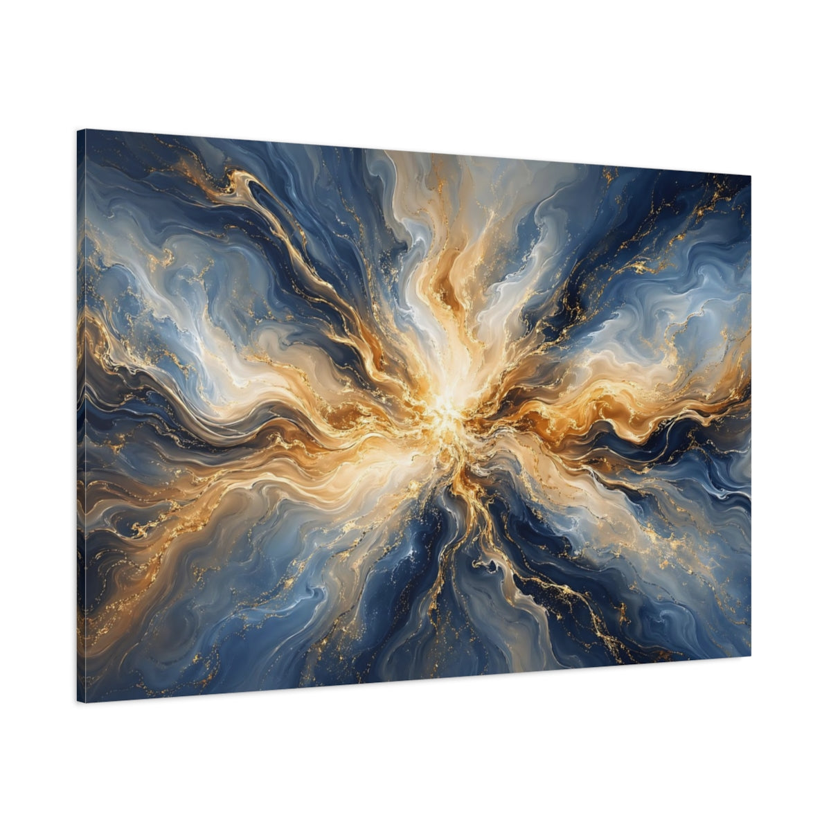 Side Mockup 1. Abstract Abstract Swirl Blue Gold Abstract shown as stretched canvas wall art