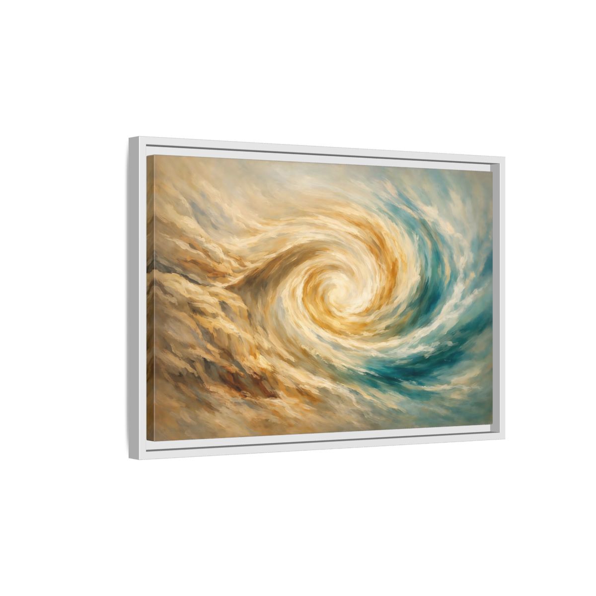 Side Mockup 1. Abstract Abstract Swirl Blue Gold Swirl shown as stretched canvas wall art
