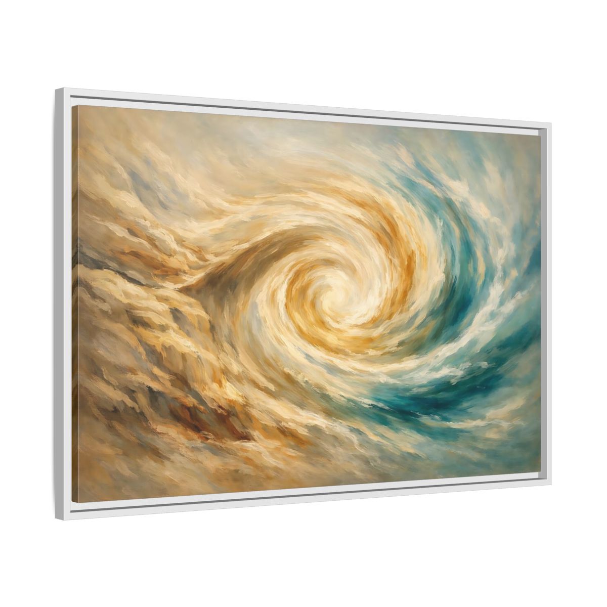 Side Mockup 8. Abstract Abstract Swirl Blue Gold Swirl shown as stretched canvas wall art