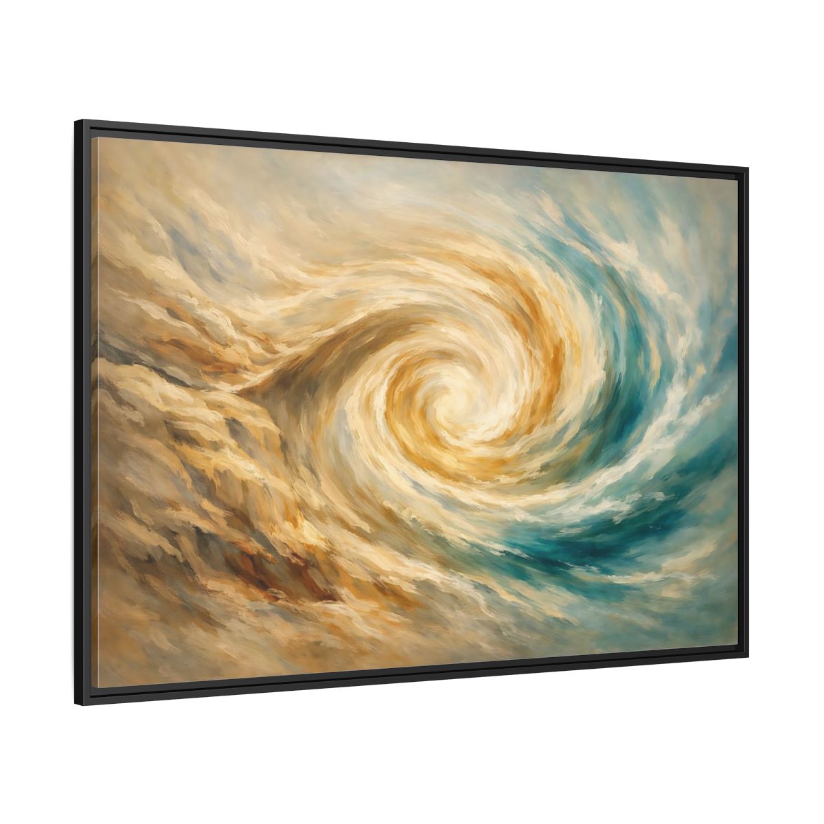Side Mockup 12. Abstract Abstract Swirl Blue Gold Swirl shown as stretched canvas wall art