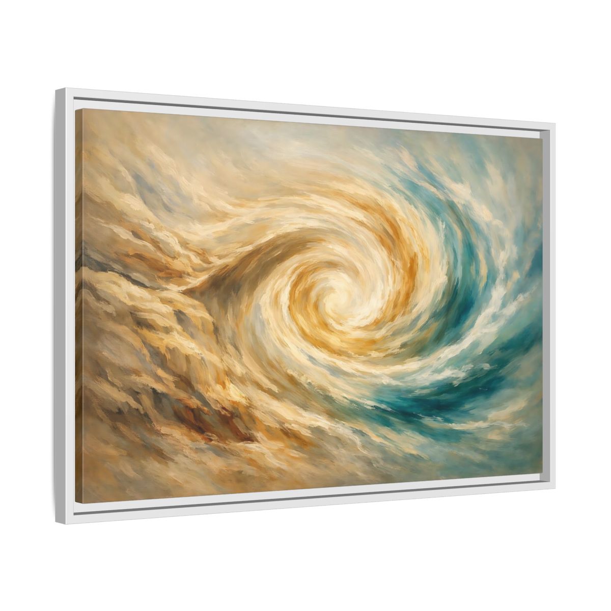 Side Mockup 10. Abstract Abstract Swirl Blue Gold Swirl shown as stretched canvas wall art