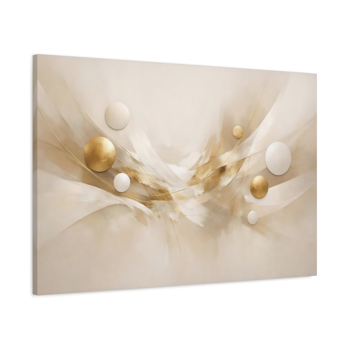 Side Mockup 1. Abstract Abstract Swirl Cream And Gold shown as stretched canvas wall art